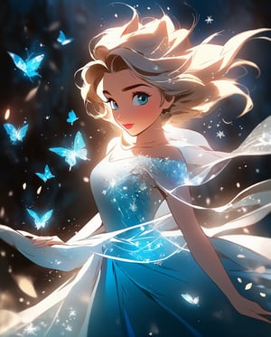 a girl in a blue dress with butterflies flying around her, elsa frozen riding , pinterest anime, disney art, anime vfx, beautiful elsa, disney princess, beautiful anime art, cgsociety 9, anime picture, beautiful anime style, disney pixar movie still, animated movie still, hd anime wallpaper, portrait of elsa of arendelle, beautiful adult fairy, by Glen Keane,Elsa the Chef: Tired of her icy powers being the center of attention Elsa decides to pursue her passion for cooking. She enrolls in a culinary school and becomes a renowned chef. Elsa opens her own restaurant where she experiments with unique ice-inspired dishes and delights her customers with her creative culinary creations.