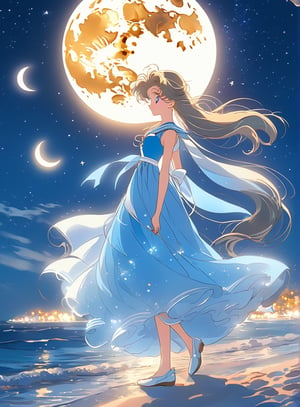 a girl in a blue dress standing on the beach, wallpaper anime blue water, moonlit night dreamy atmosphere, beautiful as the moon, beautiful moonlight night, beautiful moon light, soft blue moonlight, moon background, moonlight background, moon goddess, pinterest anime, beautiful moonlight, the sailor moon. beautiful, moonlight night, night background, blue sky background with moon