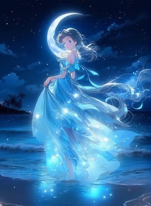 a girl in a blue dress standing on the beach, wallpaper anime blue water, moonlit night dreamy atmosphere, beautiful as the moon, beautiful moonlight night, beautiful moon light, soft blue moonlight, moon background, moonlight background, moon goddess, pinterest anime, beautiful moonlight, the sailor moon. beautiful, moonlight night, night background, blue sky background with moon