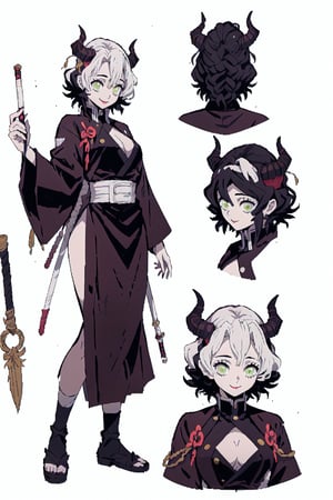 beautiful, masterpiece, best quality, extremely detailed face, short hair, demon slayer, brown skin, black headband, chest exposed, demon slayer uniform, kimetsu no yaiba ,white hair, wand, (CharacterSheet:1), (multiple views, full body, upper body, reference sheet:1), back view, front view, (white background, simple background:1.2), large breasts, sexy pose, seductive smile,Mitsuri Kanroji