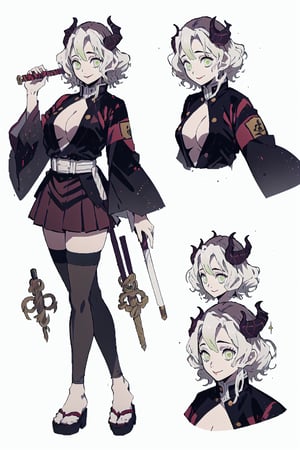 beautiful, masterpiece, best quality, extremely detailed face, short hair, demon slayer, brown skin, black headband, chest exposed, demon slayer uniform, kimetsu no yaiba ,white hair, wand, (CharacterSheet:1), (multiple views, full body, upper body, reference sheet:1), back view, front view, (white background, simple background:1.2), large breasts, sexy pose, seductive smile,Mitsuri Kanroji