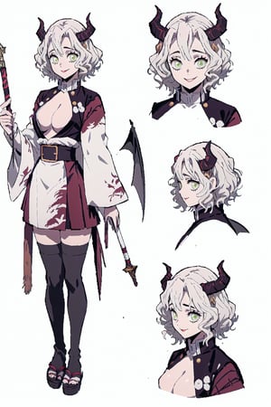beautiful, masterpiece, best quality, extremely detailed face, short hair, demon slayer, brown skin, black headband, chest exposed, demon slayer uniform, kimetsu no yaiba ,white hair, wand, (CharacterSheet:1), (multiple views, full body, upper body, reference sheet:1), back view, front view, (white background, simple background:1.2), large breasts, sexy pose, seductive smile,Mitsuri Kanroji