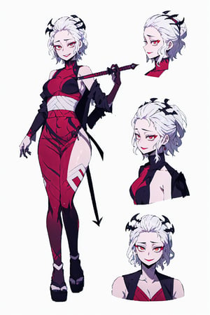 beautiful, masterpiece, best quality, extremely detailed face, short hair, demon slayer, brown skin, black headband, chest exposed, demon slayer uniform, kimetsu no yaiba ,white hair, wand, (CharacterSheet:1), (multiple views, full body, upper body, reference sheet:1), back view, front view, (white background, simple background:1.2), large breasts, sexy pose, seductive smile