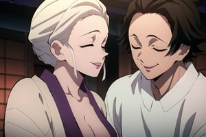 kimetsu no yaiba style, 1girl, 1boy,  ((kimestu no yaiba)), short hair, white hair, messy hair, upper body, anime coloring, big breast, chest exposed, adult body, short hair, dark skin, brown skinned, Yukata, brown skin, dark skin, attractive, adult,  closed eyes,  romance, couple, couple_(romantic), romantic theme, date, happy couple, 