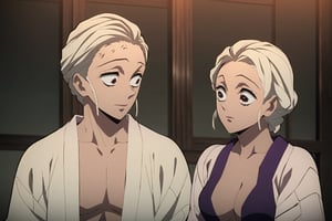 kimetsu no yaiba style, 1girl, 1boy, ((kimestu no yaiba)), short hair, white hair, messy hair, upper body, anime coloring, chest exposed, adult body, short hair, dark skin, brown skinned, Yukata, brown skin, dark skin, attractive, adult, kochou shinobu, couple, couple_(romantic), romance,Daki, date, 