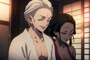 kimetsu no yaiba style, 1girl, 1boy, solo, ((kimestu no yaiba)), short hair, white hair, messy hair, upper body, anime coloring, big breast, chest exposed, adult body, short hair, dark skin, brown skinned, Yukata, brown skin, dark skin, attractive, adult,  closed eyes,  romance, couple, couple_(romantic), romantic theme, date, happy couple, 