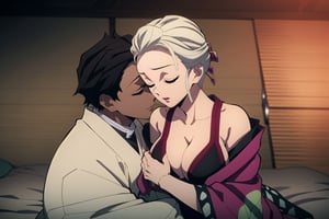 kimetsu no yaiba style, 1girl, 1boy, ((kimestu no yaiba)), short hair, white hair, messy hair, upper body, anime coloring, big breast, chest exposed, adult body, short hair, dark skin, brown skinned, Yukata, brown skin, dark skin, attractive, adult, kochou shinobu, sleeping, laying on futon, sleeping on futon, closed eyes, hug, couple, couple_(romantic), romance, 