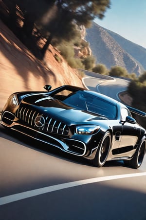 A sleek black Benz sports car speeding down a winding road, beauty light, cyberpunk, 2K, high detail