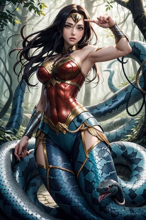 Description: Generate an image of an anime-style wonder woman upper body that combines human and snake features seamlessly. The character should have the upper body of a beautiful anime girl, with colorful hair and expressive eyes. From the waist down, her body should smoothly transition into the serpentine form of a snake, with vibrant scales and patterns. The lamia should be coiled elegantly, possibly in a forest or magical setting, showcasing her mysterious and enchanting nature with lasso of Truth in fighting pose.
