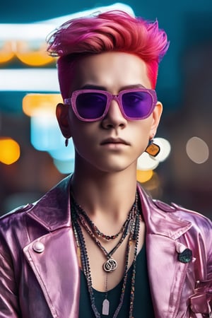 (masterpiece), De Rock , solo, 1boy, jewelry, earrings, necklace, red hair, short hair, pink rimmed sunglasses, pink hair, portrait, multicolored hair, brown eyes, upper body, (detailed face), (detailed fabric), rim lighting, cinematic lighting, 