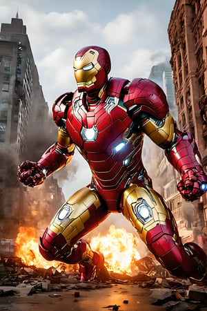 ironman,  hulkbuster , high_resolution, Spider man custom ,high detail, realistic, ultra real, city, destroyed 
buldings, fire