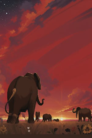 Solid outline golden elephants, in a field, a galaxy in the background, sunset, golden hour,pixel art