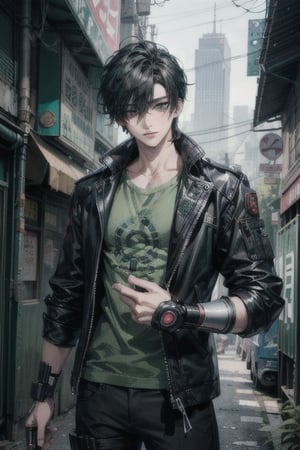 Masterpiece, beautiful, Incredibly detailed, 1guy, Detailed Eyes, anime eyes, Better Hands, perfect fingers, (In a Korea post-cyberpunk city, there is a young and handsome man with short black hair and green eyes, with the left eye being mechanical.  He wears green clothes that have a circuitry pattern on them.  His prosthetic left arm is mechanical) Highly Detailed Background, Full Hd, 4K,