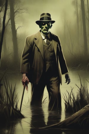 1920s mobster zombie emerging from a swamp, classis horror movie poster