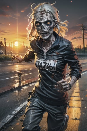 zombie marathon runner, running on the highway, sunrise