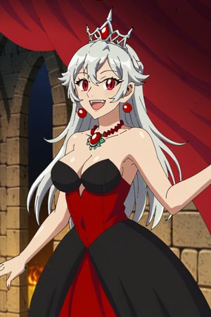 1girl, vampire princess, red eyes, silver hair, fancy dress, excited smile, dancing (A Vampire princess drawn in the Dungeon Meshi artstyle.  She has red eyes and silver hair.  She is wearing a fanciful black dress with red jewels)