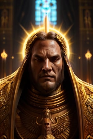 A close-up portrait of Henry Cavill as the Emperor of Mankind, sporting a full, regal beard. He wears ornate golden armor with intricate designs, standing in a grand throne room with banners and stained glass windows. The lighting is dramatic, casting shadows that highlight his stern expression and powerful presence. The composition is centered, emphasizing his authoritative figure.