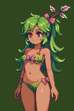  pixel art, 1girl, dryad_(terraria), dark-skinned female, green hair, brown eyes, (The Dryad is a woman with green hair held up in a pink bow. The dryad wears a leaf bikini)