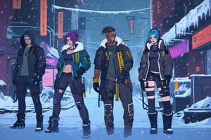 Cyberpunk Edgerunners, snowfall, winter, multiple_girls, multiple_boys