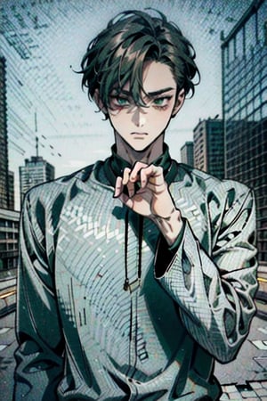Masterpiece, beautiful, Incredibly detailed, 1guy, Detailed Eyes, anime eyes, Better Hands, perfect fingers, (In a Korea post-cyberpunk city, there is a young and handsome man with short black hair and green eyes.  He wears loose green clothes that have a circuitry pattern on them.  His clothes have some black highlights and detailing.  He has a lense fitted over his left eye.  His left arm is mechanical and robotic.) Highly Detailed Background, Full Hd, CASUAL-STYLE