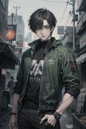 Masterpiece, beautiful, Incredibly detailed, 1guy, Detailed Eyes, anime eyes, Better Hands, perfect fingers, (In a Korea post-cyberpunk city, there is a young and handsome man with short black hair and green eyes.  He wears loose green clothes that have a circuitry pattern on them.  His clothes have some black highlights and detailing.  He has a lense fitted over his left eye.  His left arm is mechanical and robotic.) Highly Detailed Background, Full Hd, 4K,Cyberpunk_Anime