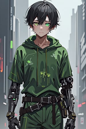 Masterpiece, beautiful, Incredibly detailed, 1guy, Detailed Eyes, anime eyes, Better Hands, perfect fingers, cybernetic left arm, full body , (In a Korea post-cyberpunk city, there is a young and handsome man with short black hair and green eyes, with the left eye being mechanical. He wears green clothes that have a circuitry pattern on them. His prosthetic left arm is mechanical) Highly Detailed Background, Full Hd