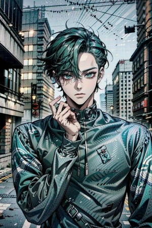 Masterpiece, beautiful, Incredibly detailed, 1guy, Detailed Eyes, anime eyes, Better Hands, perfect fingers, (In a Korea post-cyberpunk city, there is a young and handsome man with short black hair and green eyes.  He wears loose green clothes that have a circuitry pattern on them.  His clothes have some black highlights and detailing.  He has a lense fitted over his left eye.  His left arm is mechanical and robotic.) Highly Detailed Background, Full Hd, 4K,Cyberpunk_Anime,CASUAL-STYLE
