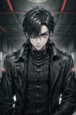 1boy, single, sole_male, post-cyberpunk, black_hair, short hair, green_eyes, green clothes, black trenchcoat, black combat boots, prosthetic_eye, scar on left eye, full body portrait, fully body shot, fierce, detailed, detailed_face, detailed_eyes, high resolution, bold, korean Manhwa art style, Detailedface,