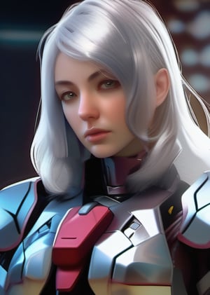 (1girl, silver hair, long hair, stoic expression, frown) (digital) (in detailed armory, (Pajamas )) , best quality,     (aeldari, armor)  (armor inspired by Transformers)