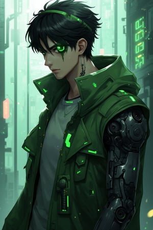 Masterpiece, beautiful, Incredibly detailed, 1guy, Detailed Eyes, anime eyes, Better Hands, perfect fingers, cybernetic left arm, full body , (In a Korea post-cyberpunk city, there is a young and handsome man with short black hair and green eyes, with the left eye being mechanical. He wears green clothes that have a circuitry pattern on them. His prosthetic left arm is mechanical) Highly Detailed Background, Full Hd, Zenless Zone Zero artstyle