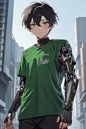 Masterpiece, beautiful, Incredibly detailed, 1guy, Detailed Eyes, anime eyes, Better Hands, perfect fingers, cybernetic left arm, full body , (In a Korea post-cyberpunk city, there is a young and handsome man with short black hair and green eyes, with the left eye being mechanical. He wears green clothes that have a circuitry pattern on them. His prosthetic left arm is mechanical, and his right arm is  normal.) Highly Detailed Background, Full Hd