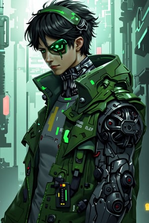 Masterpiece, beautiful, Incredibly detailed, 1guy, Detailed Eyes, anime eyes, Better Hands, perfect fingers, cybernetic left arm, full body , (In a Korea post-cyberpunk city, there is a young and handsome man with short black hair and green eyes, with the left eye being mechanical. He wears green clothes that have a circuitry pattern on them. His prosthetic left arm is mechanical) Highly Detailed Background, Full Hd