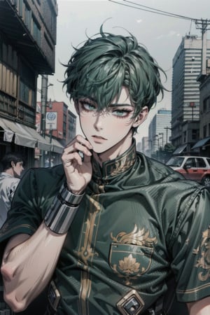 Masterpiece, beautiful, Incredibly detailed, 1guy, Detailed Eyes, anime eyes, Better Hands, perfect fingers, (In a Korea post-cyberpunk city, there is a young and handsome man with short black hair and green eyes, with the left eye being mechanical.  He wears green clothes that have a circuitry pattern on them.  His prosthetic left arm is mechanical) Highly Detailed Background, Full Hd, 4K,CASUAL-STYLE