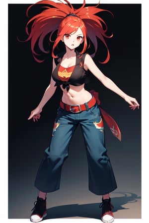 Flannery is a slender, medium height and very buxom girl with long, straight crimson red hair that is tied up in a high, spiky ponytail with a blue band with a side fringe at the front, and crimson red eyes.  She wears a red undershirt with a flame print, exposing her belly button and a black tied vest crop top over it. She also has on blue flared light blue jeans with a white karate belt. Her shoes are colored as black and red.  