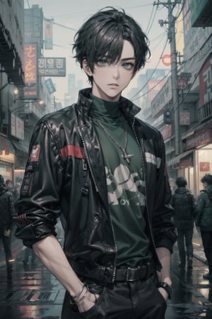 Masterpiece, beautiful, Incredibly detailed, 1guy, Detailed Eyes, anime eyes, Better Hands, perfect fingers, (In a Korea post-cyberpunk city, there is a young and handsome man with short black hair and green eyes.  He wears loose green clothes that have a circuitry pattern on them.  His clothes have some black highlights and detailing.  He has a lense fitted over his left eye.  He has a mechanical left arm.) Highly Detailed Background, Full Hd, 4K,Cyberpunk_Anime