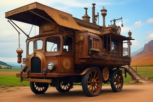 steampunk vehicle that functions as a mobile kitchen