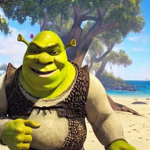 shrk, shrek, dressed like a fratboy, beach, thumb_up_sign