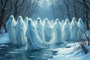 Spooky  Art Drawing, procession of ghosts, army of ghosts, floating over a frozen river