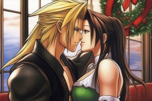 Cloud Strife and Tifa Lockhart kissing under the mistletoe, A couple in a restaurant, detailed, masterpiece, best quality 