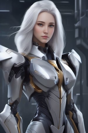 (1girl, silver hair, long hair, frown) (digital) (in detailed armory, (Pajamas )) , best quality,     (aeldari, armor)  (armor inspired by Transformers)