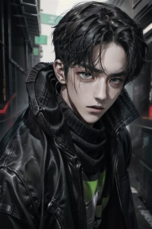 1boy, single, sole_male, post-cyberpunk, black_hair, short hair, green_eyes, green clothes, black trenchcoat, black combat boots, prosthetic_eye, scar on left eye, full body portrait, fully body shot, fierce, detailed, detailed_face, detailed_eyes, high resolution, bold, korean Manhwa art style, Detailedface,boy