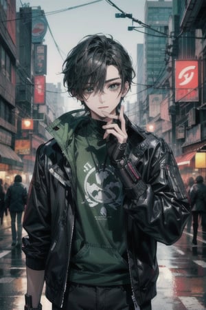 Masterpiece, beautiful, Incredibly detailed, 1guy, Detailed Eyes, anime eyes, Better Hands, perfect fingers, (In a Korea post-cyberpunk city, there is a young and handsome man with short black hair and green eyes.  He wears loose green clothes that have a circuitry pattern on them.  His clothes have some black highlights and detailing.  He has a lense fitted over his left eye.  He has a mechanical left arm.) Highly Detailed Background, Full Hd, 4K,Cyberpunk_Anime
