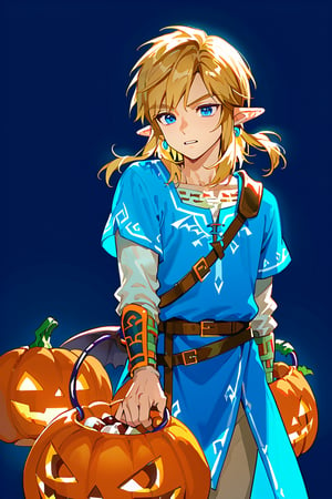  score_9, score_8_up, score_7_up, source_anime, BREAK, simple background, solo, 1boy, link1, link, blonde hair, blue eyes, medium hair, side locks, short pony tail, pointy ears, earrings, Halloween costume, dressed for Halloween