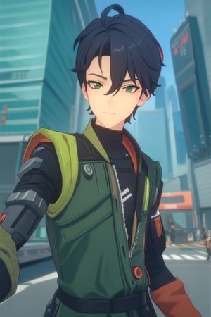 Masterpiece, beautiful, Incredibly detailed, 1guy, Detailed Eyes, anime eyes, Better Hands, perfect fingers, cybernetic left arm, upper body, cowboy shot, (In a Korea post-cyberpunk city, there is a young and handsome man with short black hair and green eyes, with the left eye being mechanical. He wears green clothes that have a circuitry pattern on them. His prosthetic left arm is mechanical) Highly Detailed Background, Full Hd, 4K,ZZZ_Style