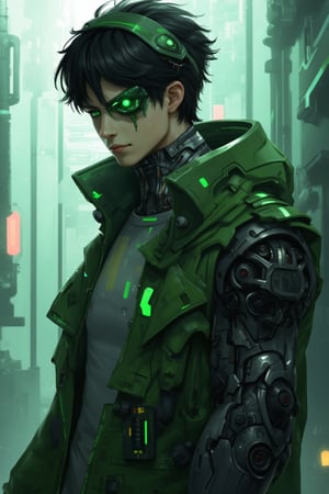 Masterpiece, beautiful, Incredibly detailed, 1guy, Detailed Eyes, anime eyes, Better Hands, perfect fingers, cybernetic left arm, full body , (In a Korea post-cyberpunk city, there is a young and handsome man with short black hair and green eyes, with the left eye being mechanical. He wears green clothes that have a circuitry pattern on them. His prosthetic left arm is mechanical) Highly Detailed Background, Full Hd, Zenless Zone Zero artstyle