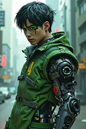 Masterpiece, beautiful, Incredibly detailed, 1guy, Detailed Eyes, anime eyes, Better Hands, perfect fingers, cybernetic left arm, full body , (In a Korea post-cyberpunk city, there is a young and handsome man with short black hair and green eyes, with the left eye being mechanical. He wears green clothes that have a circuitry pattern on them. His prosthetic left arm is mechanical) Highly Detailed Background, Full Hd