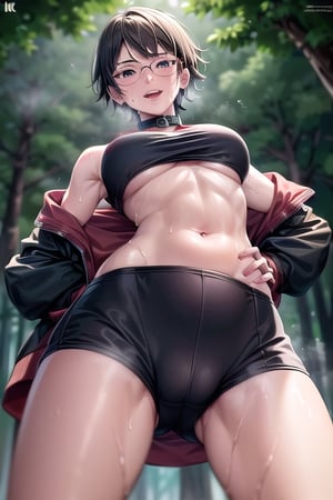 Realistic, (((Photorealistic))), beautiful girl (((masterpiece))), (((hd shot))), absurdres, (((intricate details))), (colorful),((cinematic lighting)),bust shot,(((extremely detailed CG unity 8k wallpaper))),1girl, short hair, sarada uchiha, glasses, forest, woods,flowing hair, sexy body, ((exposed stomach)),(((sweat_drops))), (((steaming_body))), red and black jacket, (red and black topwear), strapless, smile, (((glistening_body))), collar, milf body, (((view_from_below))), ((looking_at_viewer)), legs_spread, legs_apart, hand_on_hips, eye_contact