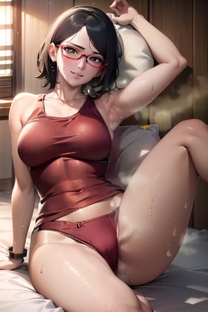 Realistic, (((Photorealistic))), beautiful girl (((masterpiece))), (((hd shot))), absurdres, (((intricate details))), (colorful),((cinematic lighting)),bust shot,(((extremely detailed CG unity 8k wallpaper))),1girl, short hair, sarada uchiha, ((full red tank top)), red shirt, smile, lying_down, red glasses, bed,flowing hair, showing armpit, sexy body, exposed stomach,sweat_drops, steaming_body, black eyes,sarada