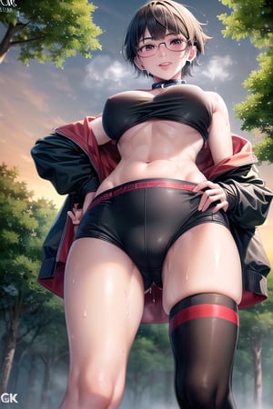 Realistic, (((Photorealistic))), beautiful girl (((masterpiece))), (((hd shot))), absurdres, (((intricate details))), (colorful),((cinematic lighting)),bust shot,(((extremely detailed CG unity 8k wallpaper))),1girl, short hair, sarada uchiha, glasses, forest, woods,flowing hair, sexy body, ((exposed stomach)),(((sweat_drops))), (((steaming_body))), red and black jacket, (red and black topwear), strapless, smile, (((glistening_body))), collar, milf body, (((view_from_below))), ((looking_at_viewer)), legs_spread, legs_apart, hand_on_hips, eye_contact