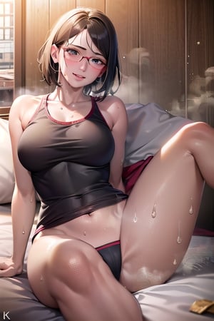 Realistic, (((Photorealistic))), beautiful girl (((masterpiece))), (((hd shot))), absurdres, (((intricate details))), (colorful),((cinematic lighting)),bust shot,(((extremely detailed CG unity 8k wallpaper))),1girl, short hair, sarada uchiha, ((full red tank top)), red shirt, smile, lying_down, red glasses, bed,flowing hair, showing armpit, sexy body,((exposed stomach)), sweat_drops, steaming_body, black eyes